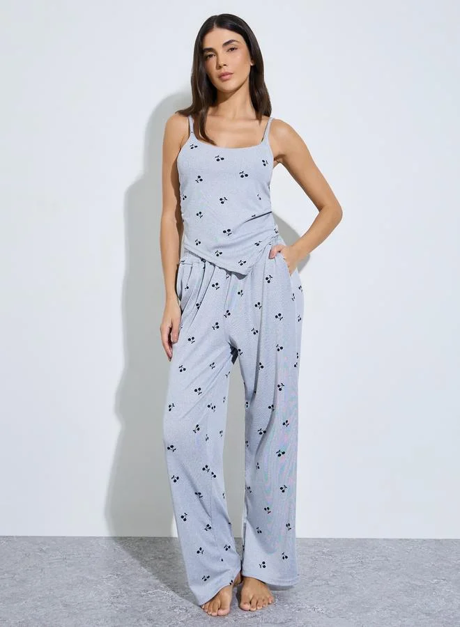 Styli Grey Cherry Print Sleeveless Cami and Pyjama Set