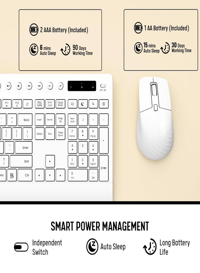 Trueque Wireless Keyboard and Mouse Combo - Full-Size Quiet Keyboard with Palm Rest, Phone Holder, Multimedia Keys, Power Switch, Batteries Included, Compatible with Windows, PC, Laptop, White - Image 5