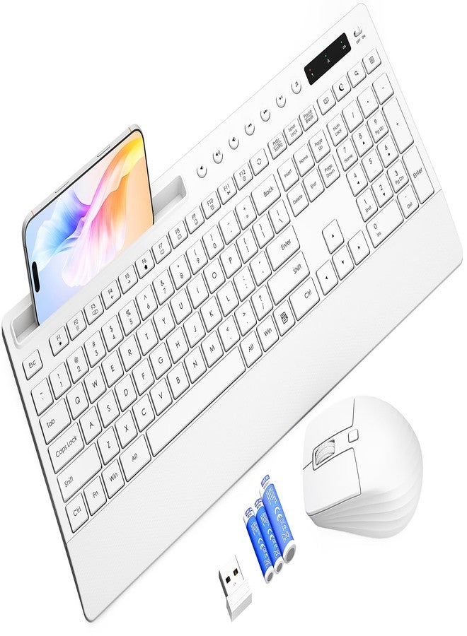 Trueque Wireless Keyboard and Mouse Combo - Full-Size Quiet Keyboard with Palm Rest, Phone Holder, Multimedia Keys, Power Switch, Batteries Included, Compatible with Windows, PC, Laptop, White - Image 1