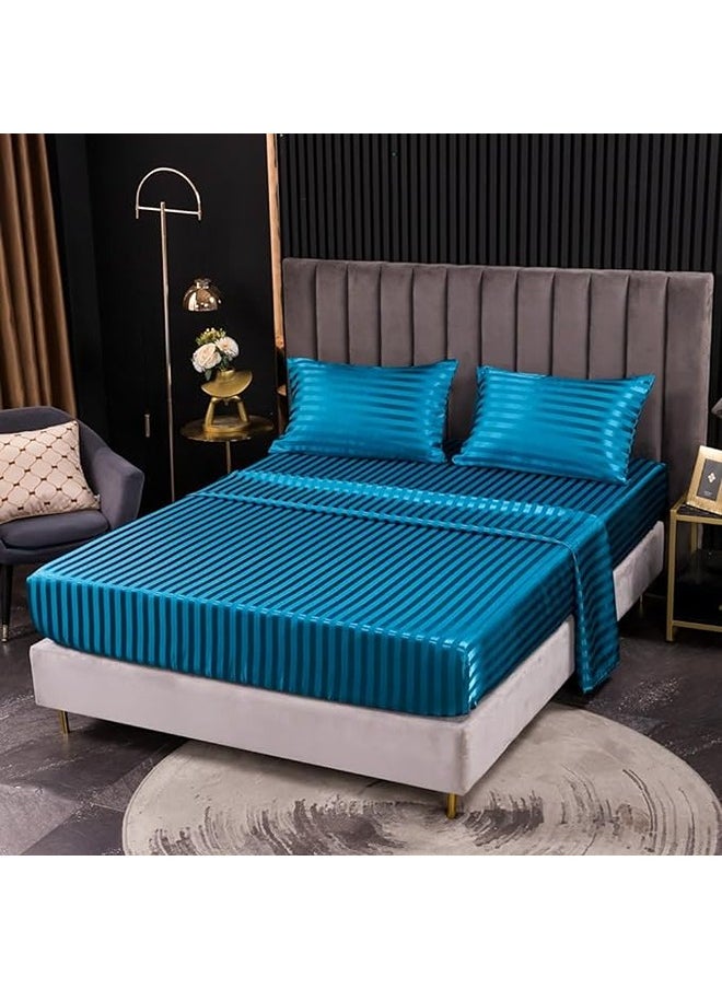 QBED Elastic Striped Sheet Set of 3 Turquoise  - Image 2