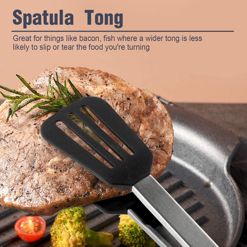 PLENARO Set of 3 Stainless Steel Food Tongs with Silicone Tips 3 Types Heavy Duty NonStick Clamp Clip for Kitchen BBQ Cooking Grilling Buffet Noodles Salad Steak Black - Image 5