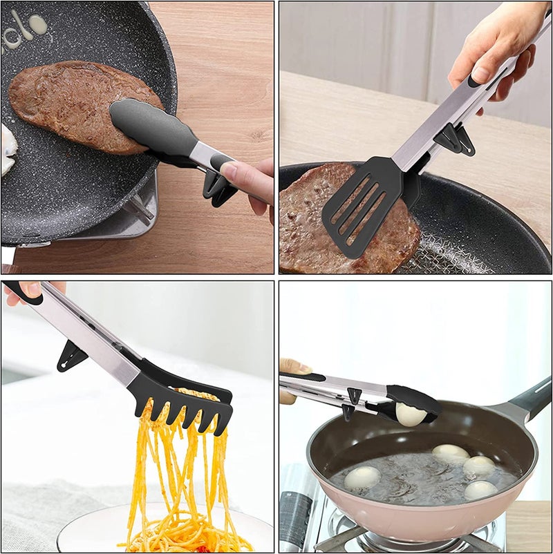 PLENARO Set of 3 Stainless Steel Food Tongs with Silicone Tips 3 Types Heavy Duty NonStick Clamp Clip for Kitchen BBQ Cooking Grilling Buffet Noodles Salad Steak Black - Image 4
