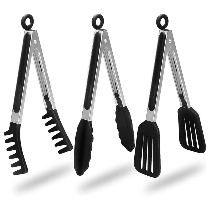 PLENARO Set of 3 Stainless Steel Food Tongs with Silicone Tips 3 Types Heavy Duty NonStick Clamp Clip for Kitchen BBQ Cooking Grilling Buffet Noodles Salad Steak Black - Image 1