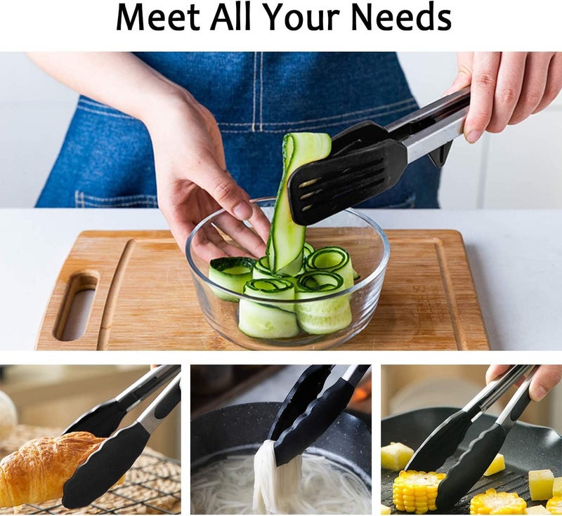 PLENARO Set of 3 Stainless Steel Food Tongs with Silicone Tips 3 Types Heavy Duty NonStick Clamp Clip for Kitchen BBQ Cooking Grilling Buffet Noodles Salad Steak Black - Image 2