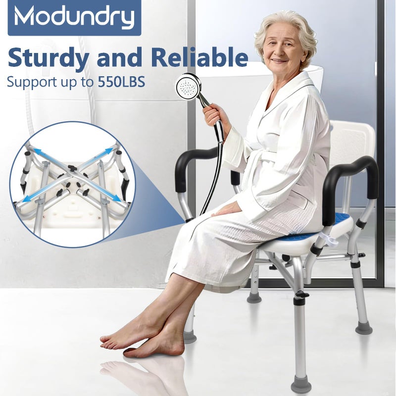 Modundry Shower Chair for Inside Shower 500lbs - Bariatric Shower Seat with Arms & Back, 6 Height Adjustment & Reinforced Crossbars for Elderly/Disabled Adults, Blue - Image 2
