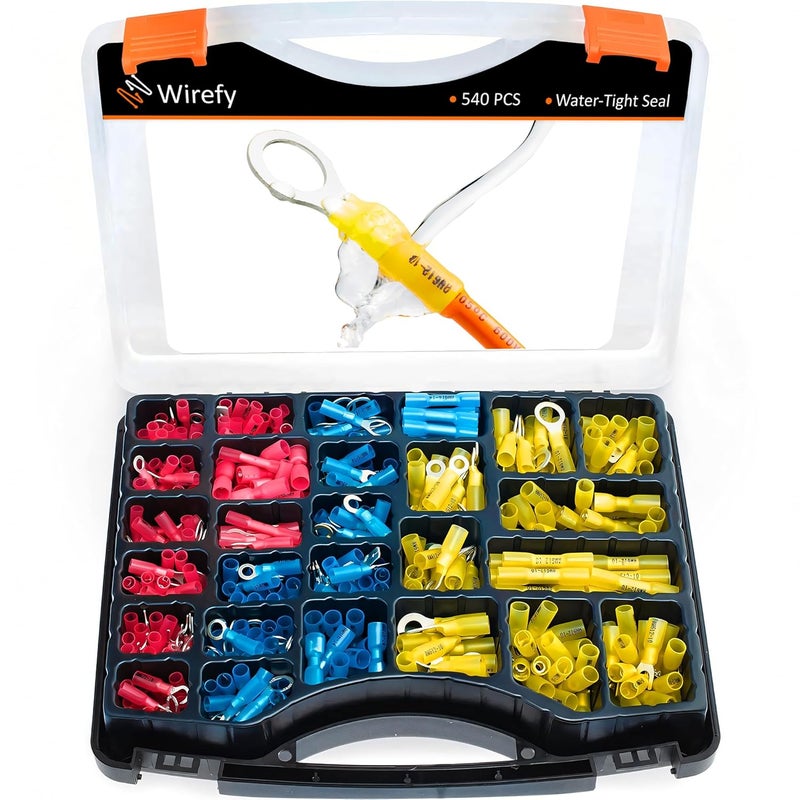 Wirefy 540 PCS Heat Shrink Wire Connectors - Electrical Terminals Kit - Marine Automotive Crimp Connector Assortment - Ring Fork Hook Spade Butt Splices - 22-10 Gauge - Image 1