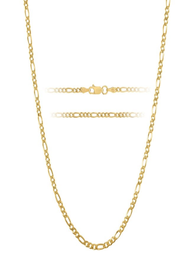 KISPER 18K Gold Over 925 Sterling Silver Italian 3mm Solid Diamond-Cut Figaro Link Chain Necklace - for Men & Women with Lobster Clasp - Made in Italy, 22" - Image 1
