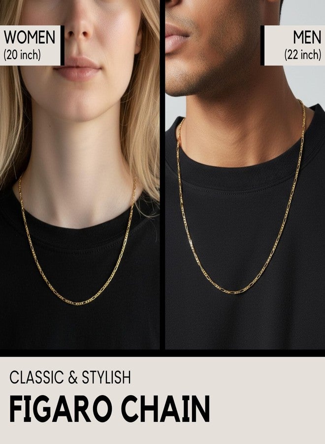 KISPER 18K Gold Over 925 Sterling Silver Italian 3mm Solid Diamond-Cut Figaro Link Chain Necklace - for Men & Women with Lobster Clasp - Made in Italy, 22" - Image 2