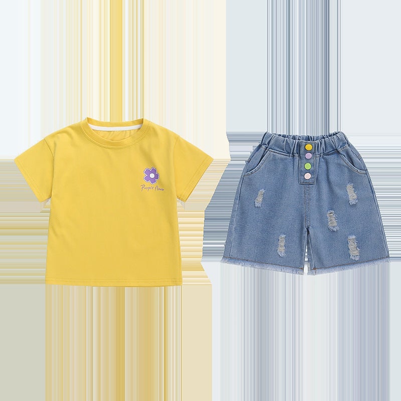Summer Boys Round Neck Flower Printed Short Sleeve Sand Wash Denim Pants Two-Piece Factory - Image 5