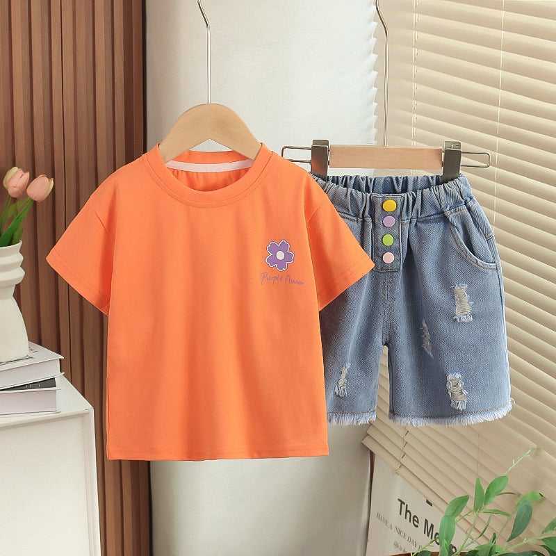 Summer Boys Round Neck Flower Printed Short Sleeve Sand Wash Denim Pants Two-Piece Factory - Image 4