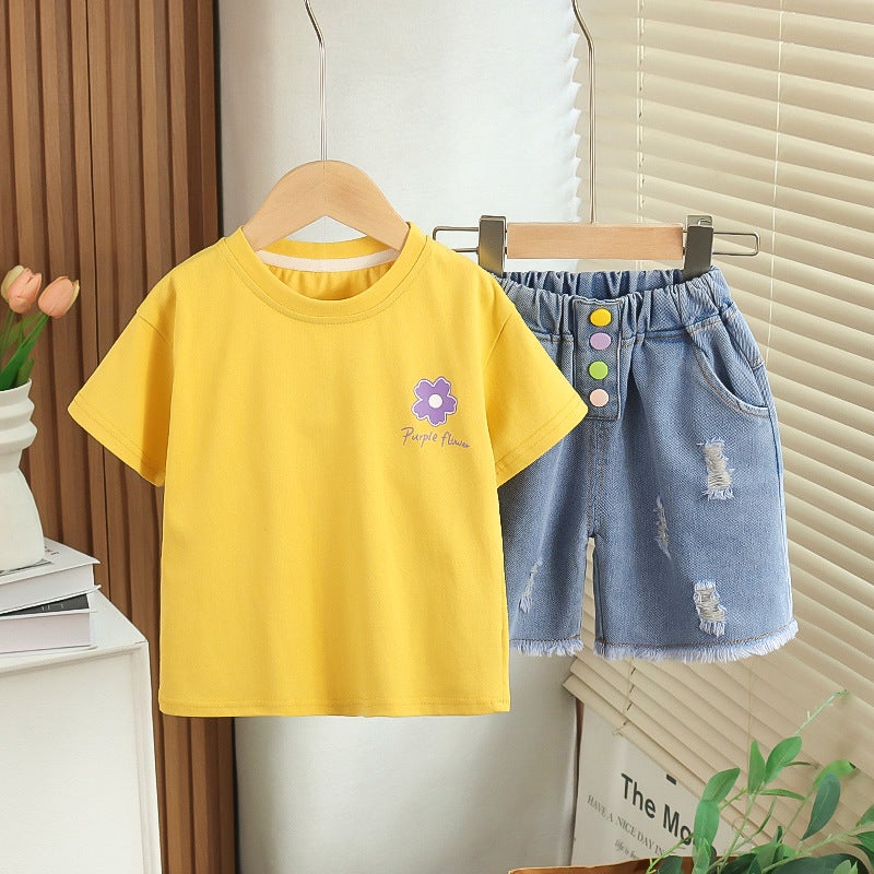 Summer Boys Round Neck Flower Printed Short Sleeve Sand Wash Denim Pants Two-Piece Factory - Image 2
