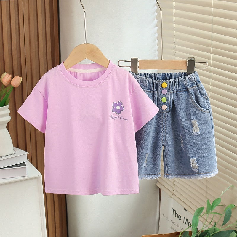 Summer Boys Round Neck Flower Printed Short Sleeve Sand Wash Denim Pants Two-Piece Factory - Image 3