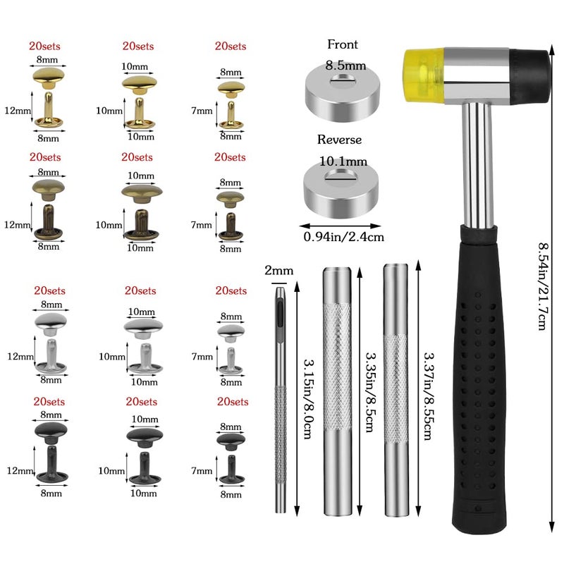 TLKKUE 240 Sets Rivets for Leather 3 Sizes Double Cap Rivets Tubular 4 Colors Leather Rivets with Rubber Hammer Fixing Tool Kit 4 Pieces for DIY Leather Craft Clothes Shoes Decoration and Repair - Image 2