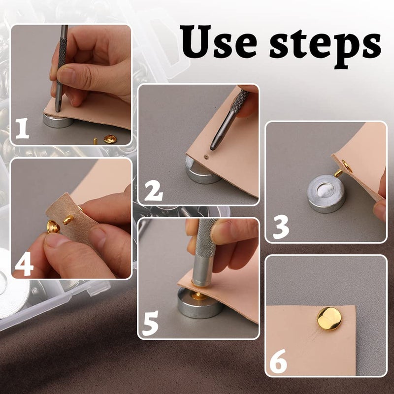TLKKUE 240 Sets Rivets for Leather 3 Sizes Double Cap Rivets Tubular 4 Colors Leather Rivets with Rubber Hammer Fixing Tool Kit 4 Pieces for DIY Leather Craft Clothes Shoes Decoration and Repair - Image 4