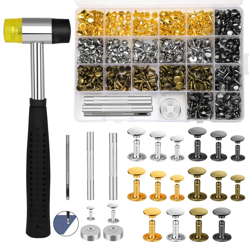 TLKKUE 240 Sets Rivets for Leather 3 Sizes Double Cap Rivets Tubular 4 Colors Leather Rivets with Rubber Hammer Fixing Tool Kit 4 Pieces for DIY Leather Craft Clothes Shoes Decoration and Repair - Image 1