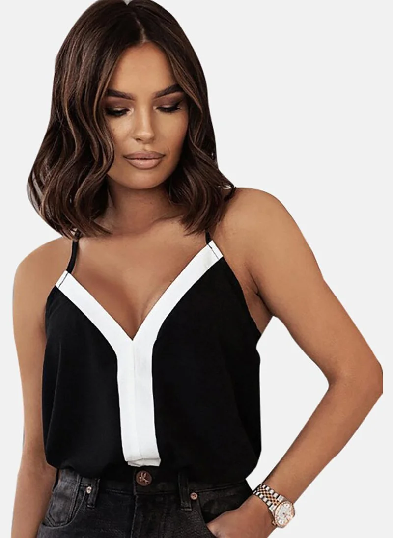 YUNIQEE Black Colour Blocked Sleeveless V Neck Tank Top