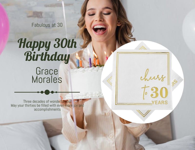 Ottin White Gold Cheers to 30 Years Cocktail Paper Napkins  5x5 Inches  50 Counts  3-Ply Disposable Party Napkins for 30th Birthdays Decorations  Anniversaries  Weddings  Indoor & Outdoor Celebrations - Image 4