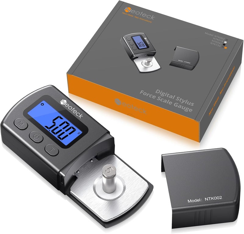 Neoteck مقياس قوة إبرة القرص الدوار الرقمي 0.01g/5.00g مع إضاءة خلفية زرقاء مقياس ضغط إبرة القرص الدوار مع وزن 5g وحقيبة جلدية تتبع دقيق لذراع التدوير وكارترج الفونو - رمادي - Image 1