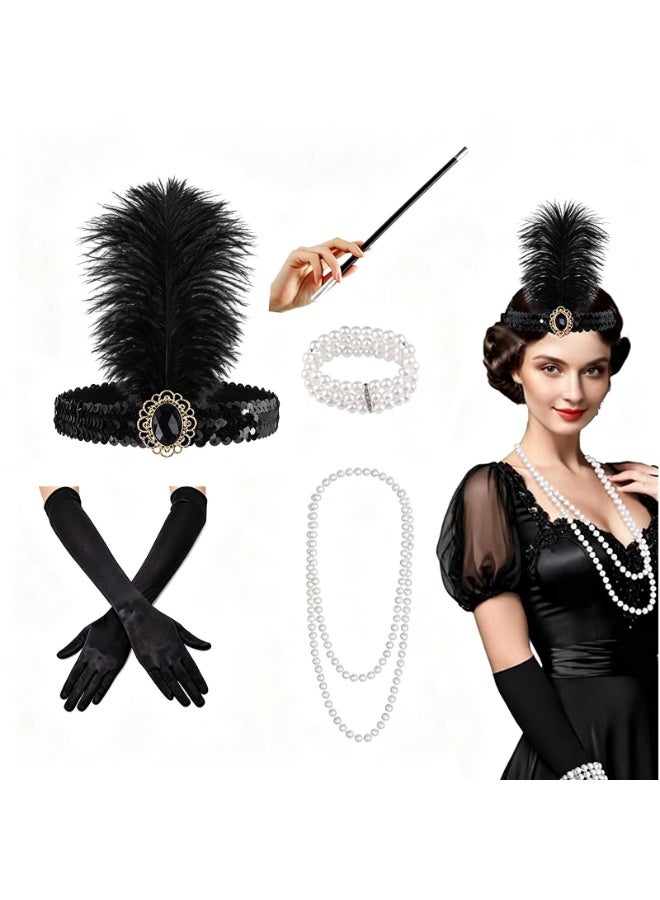 Nicor 1920s Accessories Sets Costume Gatsby Feather Headband Gloves - Image 1