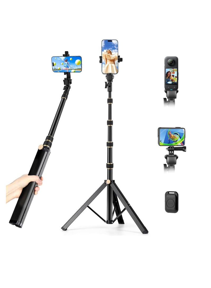 170 cm tripod for iPhone, extendable phone holder with remote control and 360-degree rotating phone holder, sturdy aluminum selfie stick with wide legs and thicker tube, golden handle locks - Image 1