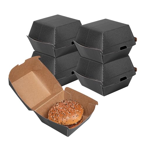 Restaurantware 4 x 4 x 3.8 Inch Burger Boxes, 100 Clamshell Food Containers - Hinged Lid, Disposable, Black Paper Take Out Boxes, Ripple Wall Technology, Serve Sliders or Finger Foods - Restaurantware - Image 1