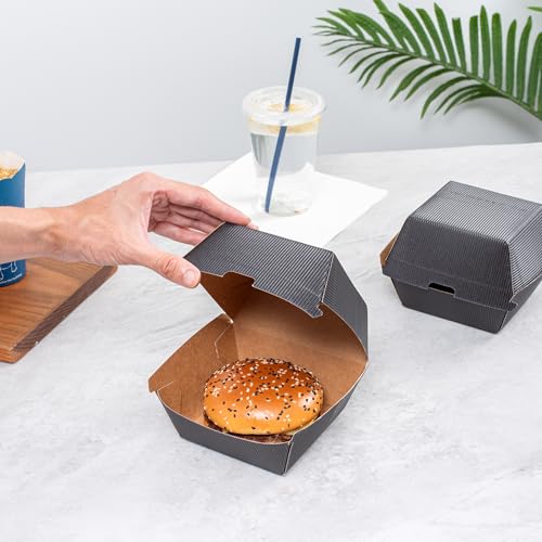 Restaurantware 4 x 4 x 3.8 Inch Burger Boxes, 100 Clamshell Food Containers - Hinged Lid, Disposable, Black Paper Take Out Boxes, Ripple Wall Technology, Serve Sliders or Finger Foods - Restaurantware - Image 5