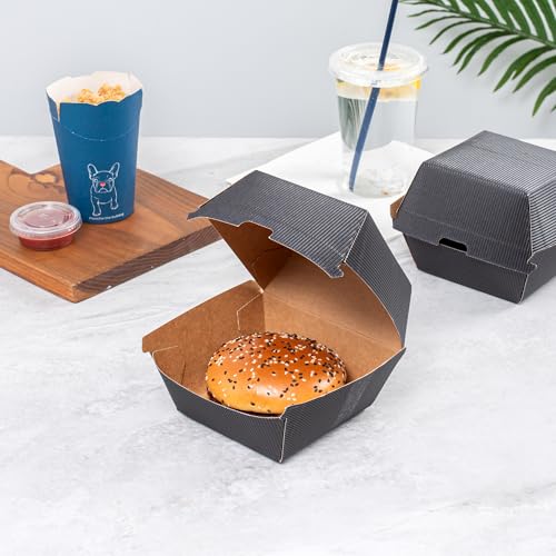 Restaurantware 4 x 4 x 3.8 Inch Burger Boxes, 100 Clamshell Food Containers - Hinged Lid, Disposable, Black Paper Take Out Boxes, Ripple Wall Technology, Serve Sliders or Finger Foods - Restaurantware - Image 4