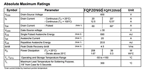 Bridgold 5pcs FQPF20N60C FQPF20N60 FQPF2060C 20N60C 20N60 N-Channel LCD Power Supply commonly Used MOS Transistor,20A/600V TO-220 - Image 5
