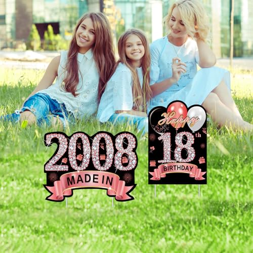 Puyruiv 2Pcs Rose Gold 18th Birthday Yard Sign Decoration for Girls, Happy 18th Birthday Made in 2008 Lawn Sign Party Supplies, Eighteen Year Old Birthday Yard Decor Stakes - Image 5