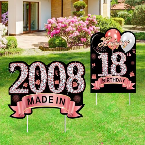 Puyruiv 2Pcs Rose Gold 18th Birthday Yard Sign Decoration for Girls, Happy 18th Birthday Made in 2008 Lawn Sign Party Supplies, Eighteen Year Old Birthday Yard Decor Stakes - Image 1