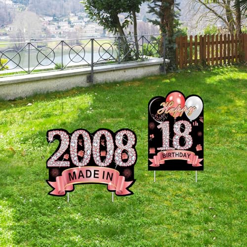 Puyruiv 2Pcs Rose Gold 18th Birthday Yard Sign Decoration for Girls, Happy 18th Birthday Made in 2008 Lawn Sign Party Supplies, Eighteen Year Old Birthday Yard Decor Stakes - Image 4