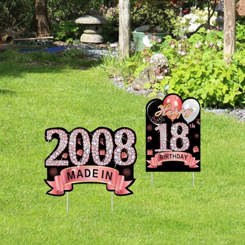 Puyruiv 2Pcs Rose Gold 18th Birthday Yard Sign Decoration for Girls, Happy 18th Birthday Made in 2008 Lawn Sign Party Supplies, Eighteen Year Old Birthday Yard Decor Stakes - Image 3