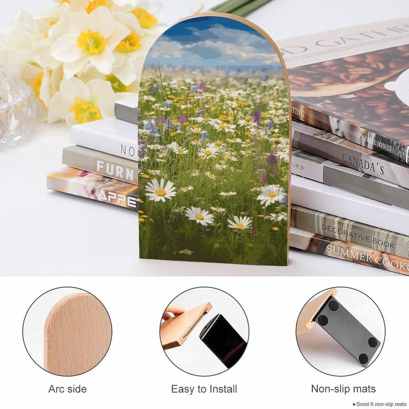 Spring Meadow Flowers Bookends 1 Pair Solid Natural Wooden Book Ends, Duty Cute Book Stoppers, Decorative Book Holders for Home Office Desk Shelf, Perfect for Students, Book Lovers - Image 4