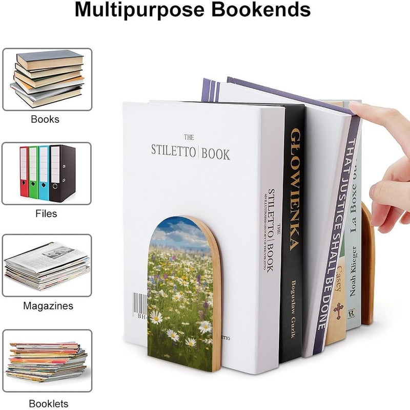Spring Meadow Flowers Bookends 1 Pair Solid Natural Wooden Book Ends, Duty Cute Book Stoppers, Decorative Book Holders for Home Office Desk Shelf, Perfect for Students, Book Lovers - Image 3