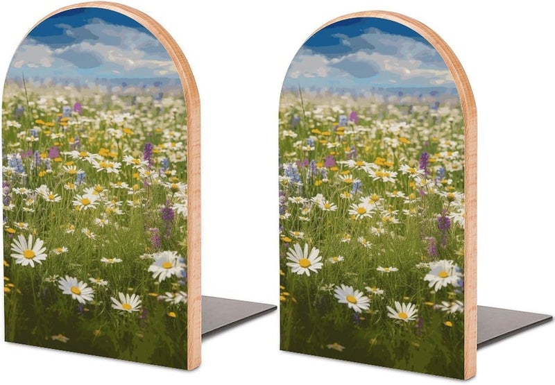 Spring Meadow Flowers Bookends 1 Pair Solid Natural Wooden Book Ends, Duty Cute Book Stoppers, Decorative Book Holders for Home Office Desk Shelf, Perfect for Students, Book Lovers - Image 1