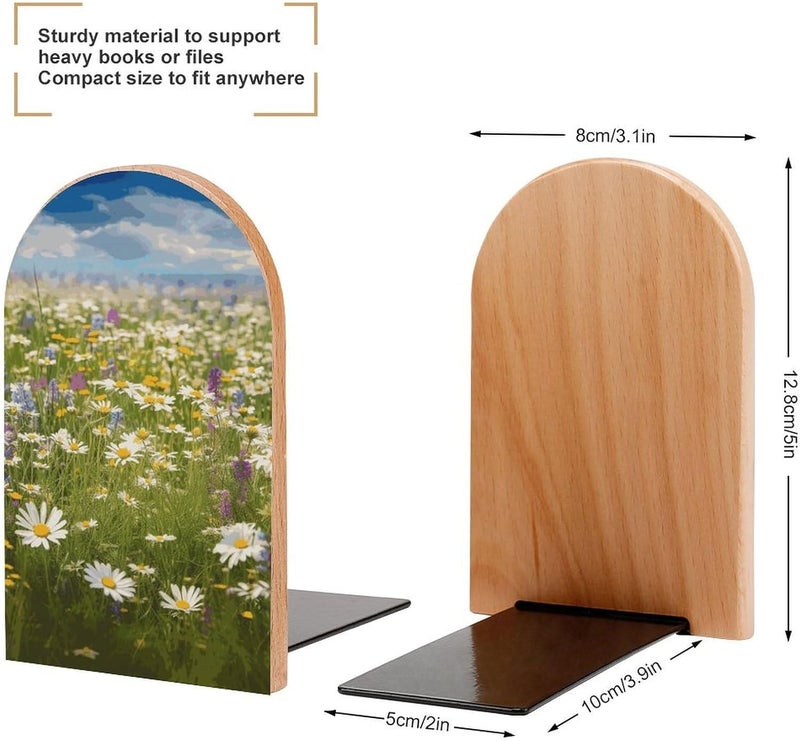Spring Meadow Flowers Bookends 1 Pair Solid Natural Wooden Book Ends, Duty Cute Book Stoppers, Decorative Book Holders for Home Office Desk Shelf, Perfect for Students, Book Lovers - Image 2