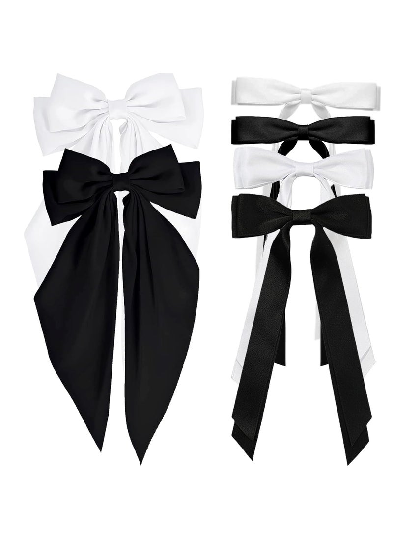Uausyaly - 6pcs Hair Bows for Women Adults Girls Hair Bows Clips Hair Ribbon Tassel with Long Tail Cute Hair Accessories Silky Satin Barrettes Ponytail Holder Bow Black  White 3 Size - Image 1