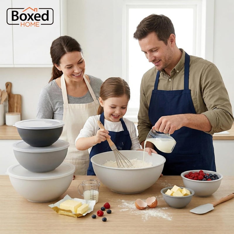 BoxedHome Mixing Bowl Set with Lid, Mixing Bowls, 12-pack Mixing Bowl Set, Plastic Salad Bowl Non-slip Stackable Serving Bowls for Kitchen (6 Bowls and 6 Lids, White Grey) - Image 2