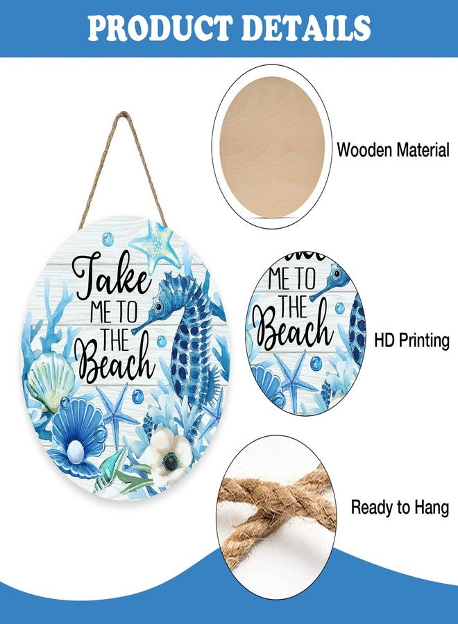 Bolisom Summer Take Me to The Beach Front Door Sign, Coastal Sea Horse Shell Starfish Wood Plaque Hanger Outdoor Porch Home Decor, Nautical Farmhouse Wooden Wreath Indoor Wall Hanging Decoration - Image 3