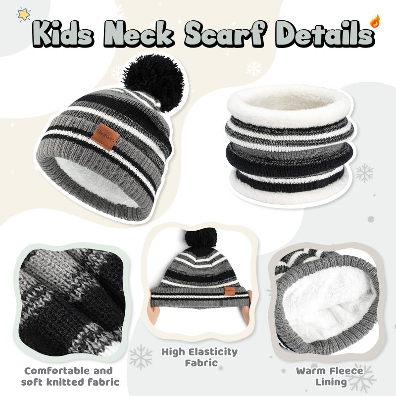 Bessteven Kids Winter Hat Scarf Gloves: Boys Beanie Hats Gloves Set for Ages 6-10 Warm Thick Fleece Lined Winter Set with Pom Pom Knit Cap Neck Warmer for Cold Weather Snow Ski - Black - Image 3