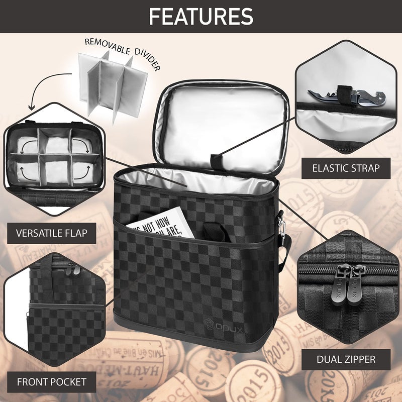 OPUX 6 Bottle Carrier Tote | Insulated Padded Wine Cooler Bag for Travel. Picnic, BYOB | Portable Leakproof Wine Tote Bag for Dinner, Party, Christmas, Wine Gift for Women, Men (Black Square) - Image 4
