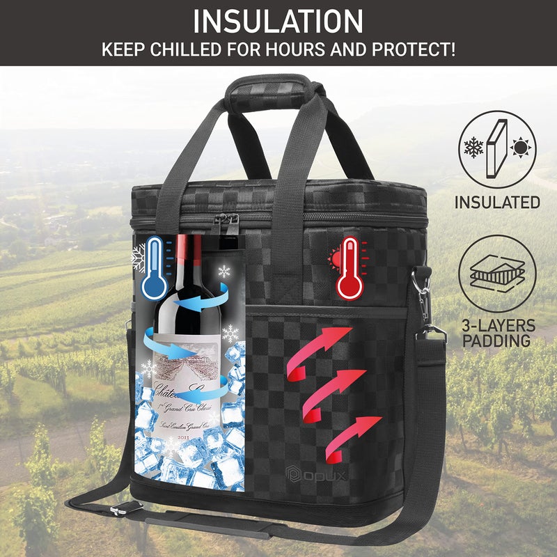 OPUX 6 Bottle Carrier Tote | Insulated Padded Wine Cooler Bag for Travel. Picnic, BYOB | Portable Leakproof Wine Tote Bag for Dinner, Party, Christmas, Wine Gift for Women, Men (Black Square) - Image 2