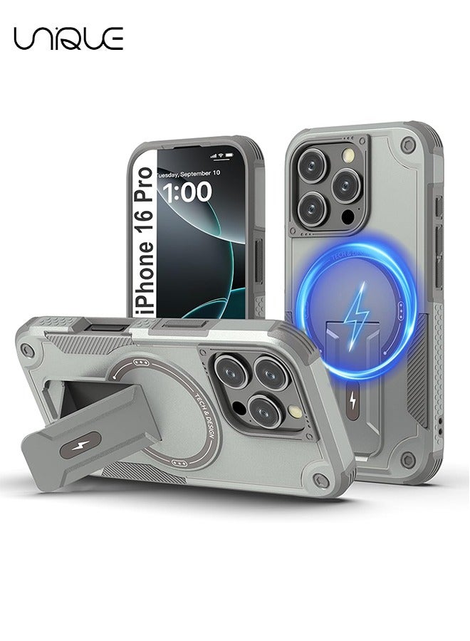 يونيك جراب آيفون 16 برو مع حامل - متوافق مع MagSafe مسند مدمج - مقاوم للصدمات حماية كاملة للجسم - حامل مغناطيسي مخفي - رمادي - Image 1