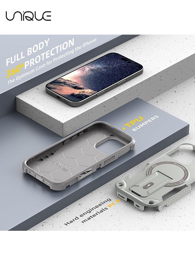 يونيك جراب آيفون 16 برو مع حامل - متوافق مع MagSafe مسند مدمج - مقاوم للصدمات حماية كاملة للجسم - حامل مغناطيسي مخفي - رمادي - Image 2