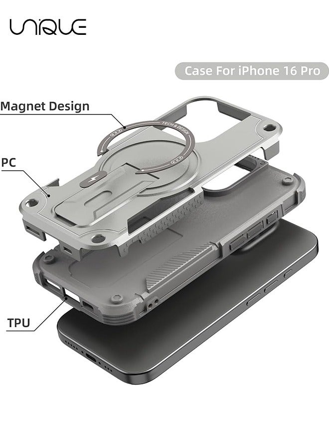 يونيك جراب آيفون 16 برو مع حامل - متوافق مع MagSafe مسند مدمج - مقاوم للصدمات حماية كاملة للجسم - حامل مغناطيسي مخفي - رمادي - Image 3
