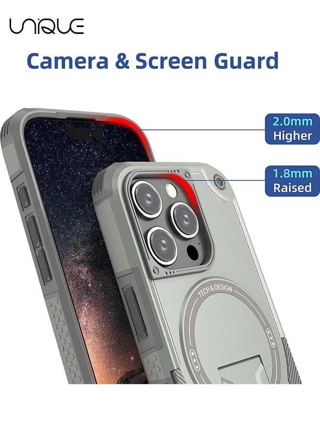 يونيك جراب آيفون 16 برو مع حامل - متوافق مع MagSafe مسند مدمج - مقاوم للصدمات حماية كاملة للجسم - حامل مغناطيسي مخفي - رمادي - Image 4