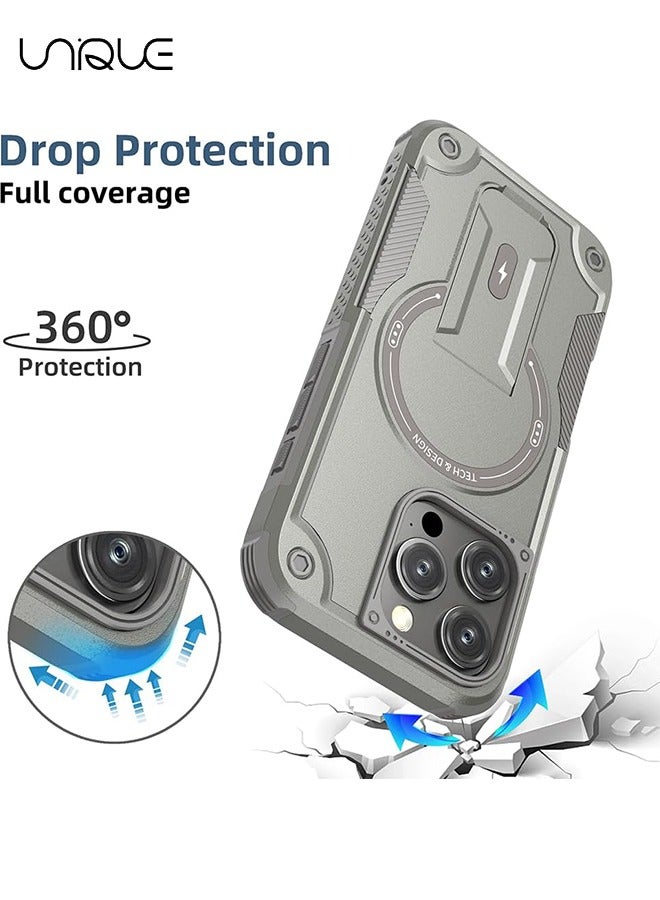 يونيك جراب آيفون 16 برو مع حامل - متوافق مع MagSafe مسند مدمج - مقاوم للصدمات حماية كاملة للجسم - حامل مغناطيسي مخفي - رمادي - Image 5