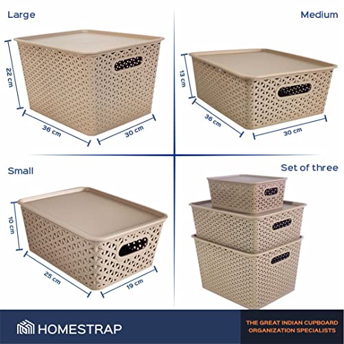 Homestrap Set Of 3 Plastic Storage Organizers/Baskets With Lid For Kitchen, Clothes, Multipurpose Vegetables, Toys, Books, Office, Stationery, Wardrobe(Medium| Biscuit) Rectangular - Image 2