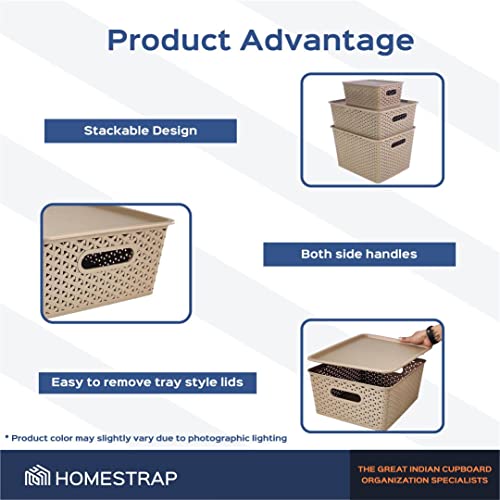 Homestrap Set Of 3 Plastic Storage Organizers/Baskets With Lid For Kitchen, Clothes, Multipurpose Vegetables, Toys, Books, Office, Stationery, Wardrobe(Medium| Biscuit) Rectangular - Image 3
