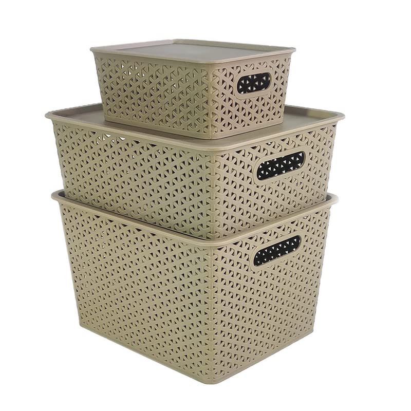 Homestrap Set Of 3 Plastic Storage Organizers/Baskets With Lid For Kitchen, Clothes, Multipurpose Vegetables, Toys, Books, Office, Stationery, Wardrobe(Medium| Biscuit) Rectangular - Image 1